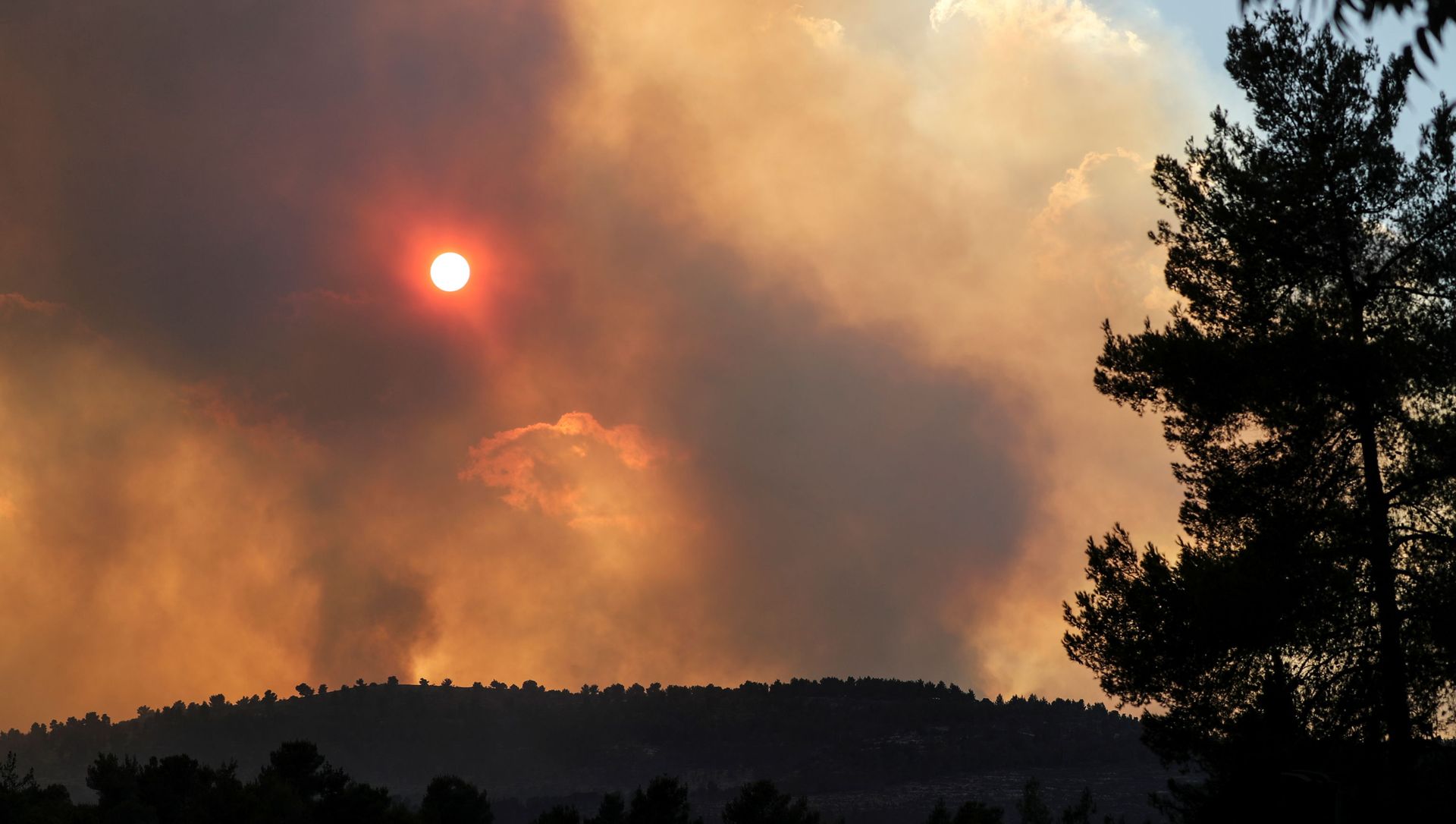 The sun can be seen behind smoke over the mountains, caused by wildfire as firefighting planes and firefighters try to gain control over it in Givat Yearim, on the outskirts of Jerusalem August 15, 2021. The sun can be seen behind smoke over the mountains, caused by wildfire as firefighting planes and firefighters try to gain control over it in Givat Yearim, on the outskirts of Jerusalem August 15, 2021. - Sputnik International, 1920, 17.08.2021