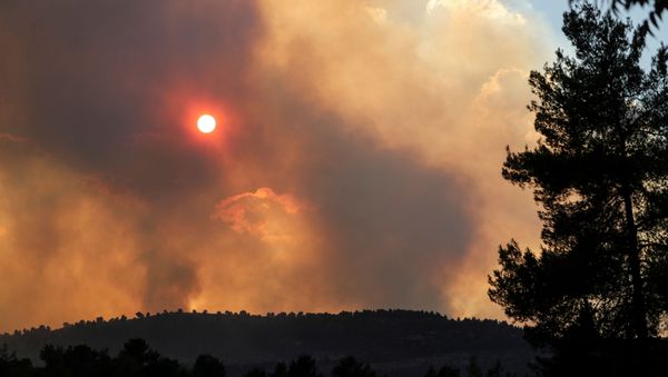 The sun can be seen behind smoke over the mountains, caused by wildfire as firefighting planes and firefighters try to gain control over it in Givat Yearim, on the outskirts of Jerusalem August 15, 2021. - Sputnik International