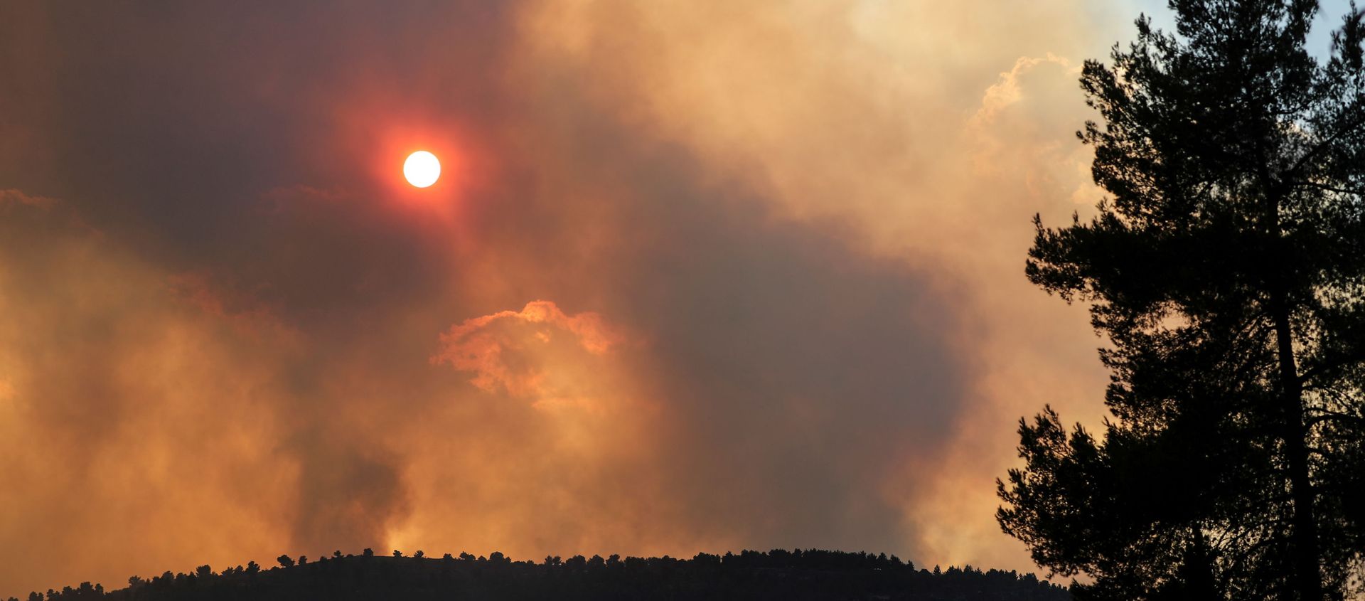 The sun can be seen behind smoke over the mountains, caused by wildfire as firefighting planes and firefighters try to gain control over it in Givat Yearim, on the outskirts of Jerusalem August 15, 2021. The sun can be seen behind smoke over the mountains, caused by wildfire as firefighting planes and firefighters try to gain control over it in Givat Yearim, on the outskirts of Jerusalem August 15, 2021. - Sputnik International, 1920, 17.08.2021