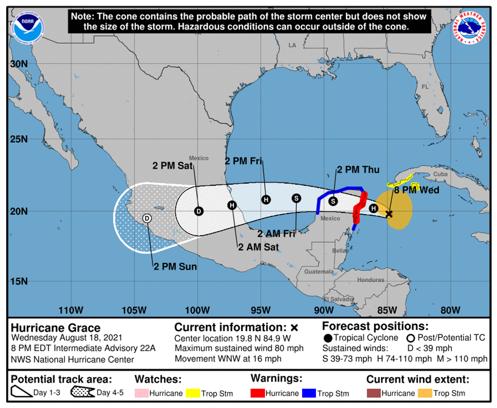 Forecast provided by the US National Hurricane Center predicts that Hurricane Grace will be making landfall in Mexico's Yucatán Peninsula by late Wednesday into early Thursday. However, the Category 1 system is expected to gain momentum upon entering the Gulf of Mexico and making a second landfall on the Mexican mainland early Friday. Forecast provided by the US National Hurricane Center predicts that Hurricane Grace will be making landfall in Mexico's Yucatán Peninsula by late Wednesday into early Thursday. However, the Category 1 system is expected to gain momentum upon entering the Gulf of Mexico and making a second landfall on the Mexican mainland early Friday. - Sputnik International, 1920, 07.09.2021