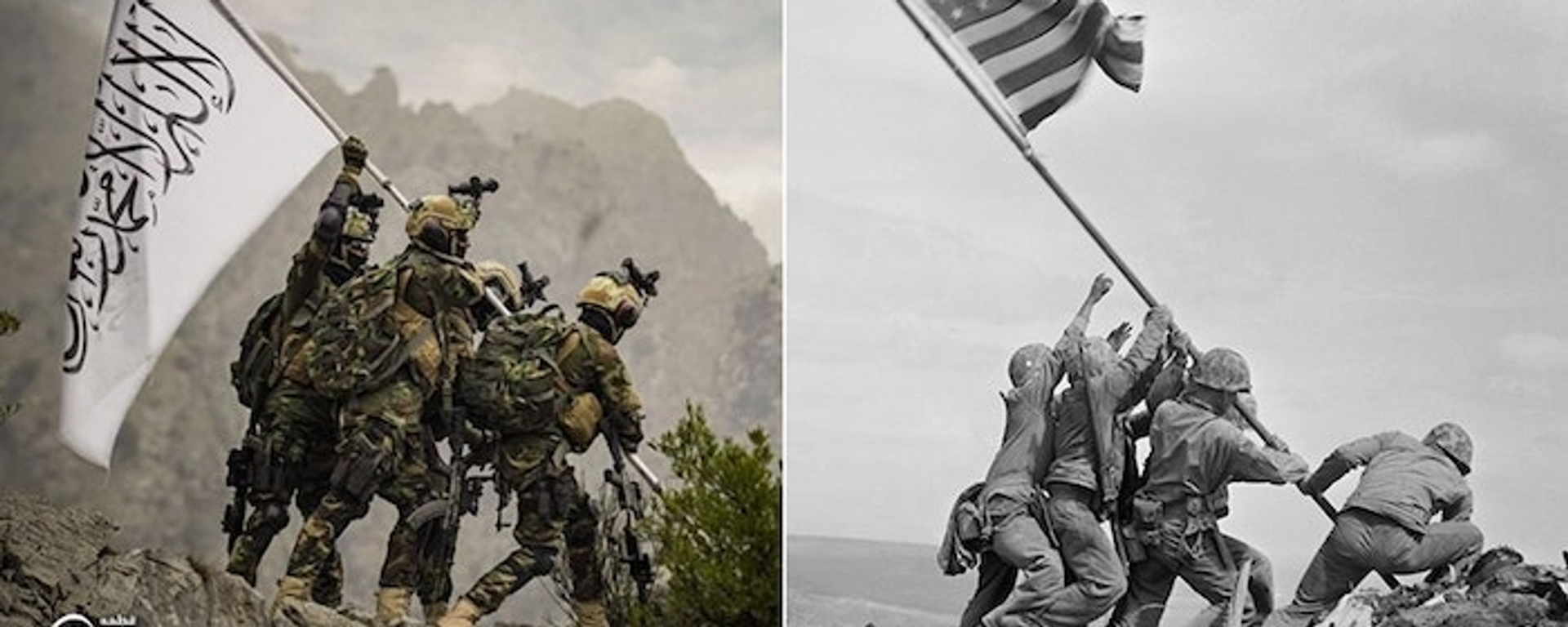Taliban fighters stage photo to look like iconic WWII photo of US troops raising flag over Iwo Jima. Taliban fighters stage photo to look like iconic WWII photo of US troops raising flag over Iwo Jima. - Sputnik International, 1920, 21.08.2021