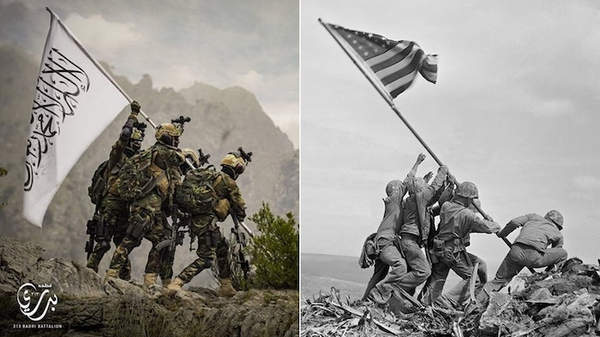 Taliban fighters stage photo to look like iconic WWII photo of US troops raising flag over Iwo Jima. - Sputnik International