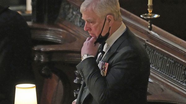Britain's Prince Andrew stands inside St. George's Chapel during the funeral of his father, Prince Philip, at Windsor Castle, Windsor, England, Saturday April 17, 2021. - Sputnik International
