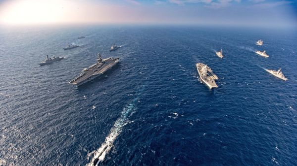 Aircraft carriers and warships participate in the second phase of Malabar naval exercise, a joint exercise comprising of India, US, Japan and Australia, in the Northern Arabian Sea on Tuesday, Nov. 17, 2020. - Sputnik International