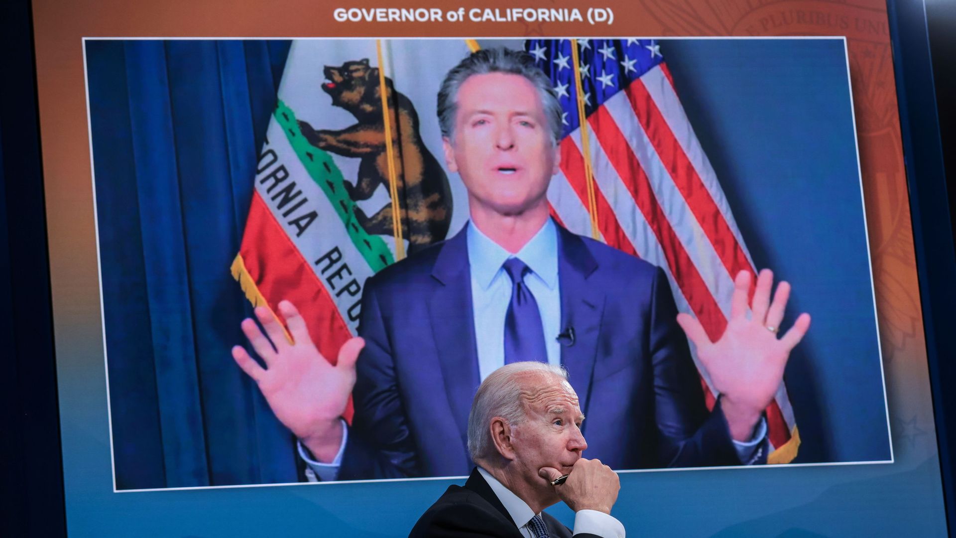 U.S. President Joe Biden listens to Governor of California, Gavin Newsom, during a virtual meeting with governors to discuss efforts to strengthen wildfire prevention, preparedness and response efforts to the 2021 wildfire season, at the South Court Auditorium at the White House complex in Washington, U.S., July 30, 2021 U.S. President Joe Biden listens to Governor of California, Gavin Newsom, during a virtual meeting with governors to discuss efforts to strengthen wildfire prevention, preparedness and response efforts to the 2021 wildfire season, at the South Court Auditorium at the White House complex in Washington, U.S., July 30, 2021 - Sputnik International, 1920, 14.09.2021