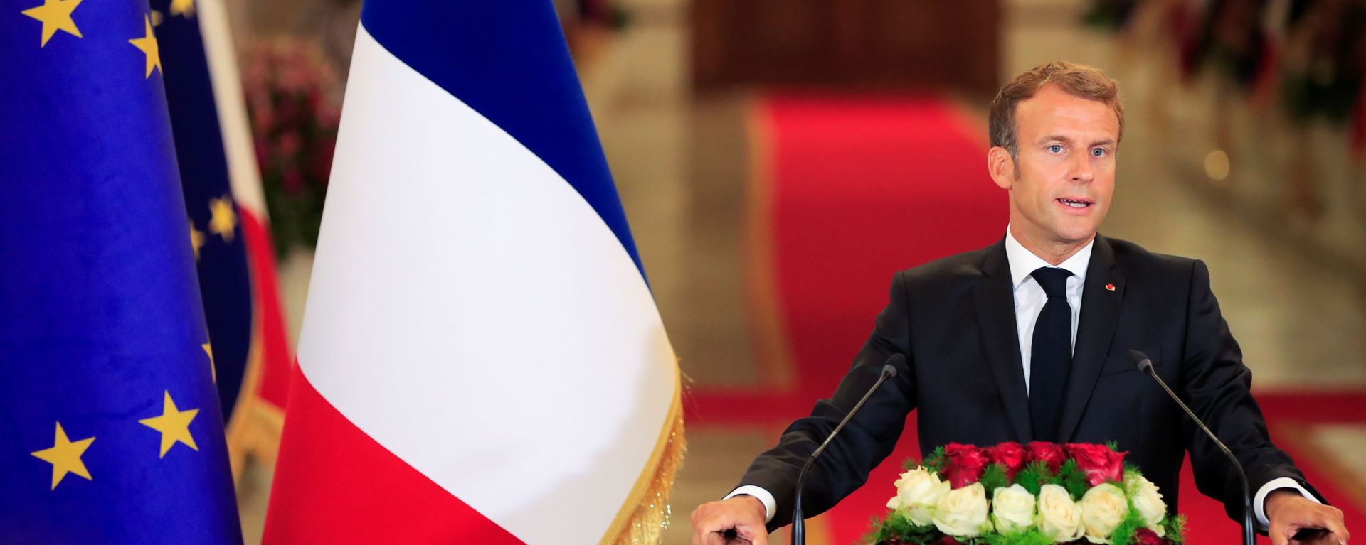 France's President Emmanuel Macron speaks during a news conference with Iraq's President Barham Salih (not seen) ahead of the Baghdad summit at the Green Zone in Baghdad, Iraq August 28, 2021 France's President Emmanuel Macron speaks during a news conference with Iraq's President Barham Salih (not seen) ahead of the Baghdad summit at the Green Zone in Baghdad, Iraq August 28, 2021 - Sputnik International, 1920, 28.10.2021