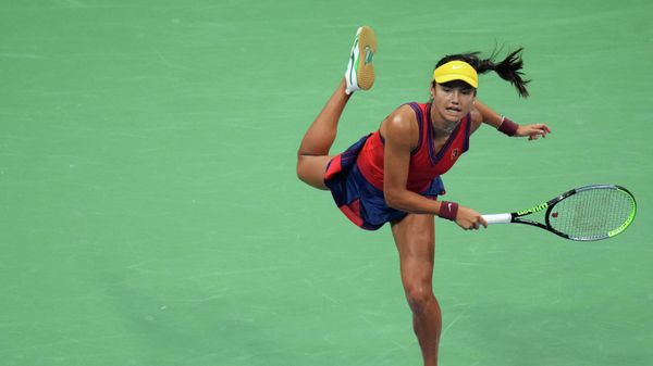 Sep 9, 2021; Flushing, NY, USA; Emma Raducanu of Great Britain serves against Maria Sakkari of Greece (not pictured) on day eleven of the 2021 U.S.  - Sputnik International
