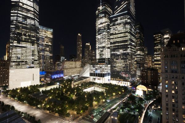 The Saint Nicholas Greek Orthodox National Shrine, lower right, is illuminated for the first time, late Friday, 10 September 2021, at the World Trade Centre in New York, marking a milestone in the reconstruction of the only house of worship to be destroyed on 9/11. The lighting comes from within panels of marble, quarried from the same vein used for the ancient Greek Parthenon. The church is designed by Spanish architect Santiago Calatrava, with its dome, windows and iconography inspired by historic former Byzantine churches, including the world-renowned Hagia Sophia in Istanbul. Saturday marks the 20th anniversary of the attacks on 11 September, 2001. The Saint Nicholas Greek Orthodox National Shrine, lower right, is illuminated for the first time, late Friday, 10 September 2021, at the World Trade Centre in New York, marking a milestone in the reconstruction of the only house of worship to be destroyed on 9/11. The lighting comes from within panels of marble, quarried from the same vein used for the ancient Greek Parthenon. The church is designed by Spanish architect Santiago Calatrava, with its dome, windows and iconography inspired by historic former Byzantine churches, including the world-renowned Hagia Sophia in Istanbul. Saturday marks the 20th anniversary of the attacks on 11 September, 2001. - Sputnik International