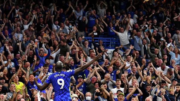 Soccer Football - Premier League - Chelsea v Aston Villa - Stamford Bridge, London, Britain - September 11, 2021 Chelsea's Romelu Lukaku celebrates scoring their third goal Soccer Football - Premier League - Chelsea v Aston Villa - Stamford Bridge, London, Britain - September 11, 2021 Chelsea's Romelu Lukaku celebrates scoring their third goal - Sputnik International