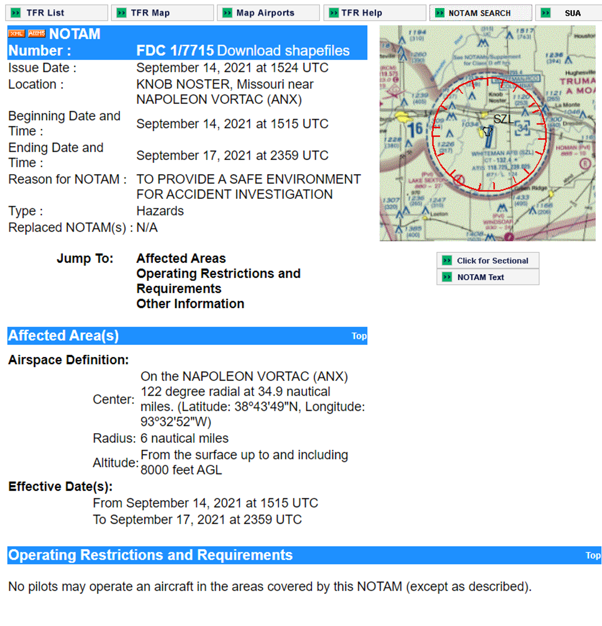 Temporary Flight Restriction for area surrounding Whiteman Air Force Base in Missouri.  - Sputnik International, 1920, 15.09.2021