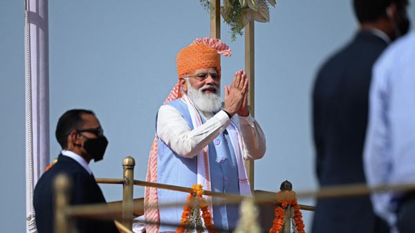 India's Prime Minister Narendra Modi gestures after addressing the nation from the ramparts of the Red Fort during the celebrations to mark country’s 75th Independence Day in New Delhi on August 15, 2021. - Sputnik International