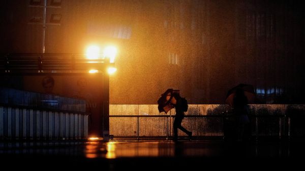 A man walks with an umbrella amid rainfall, as Typhoon Chanthu approaches, in Shanghai, China September 13, 2021. - Sputnik International