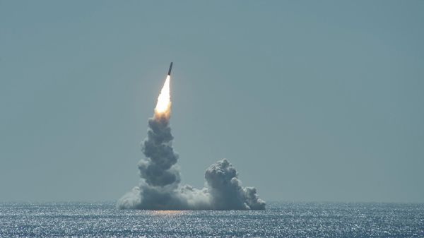 An unarmed Trident II (D5LE) missile launches from Ohio-class ballistic missile submarine USS Maine (SSBN 741) off the coast of San Diego, California, Feb. 12, 2020. - Sputnik International