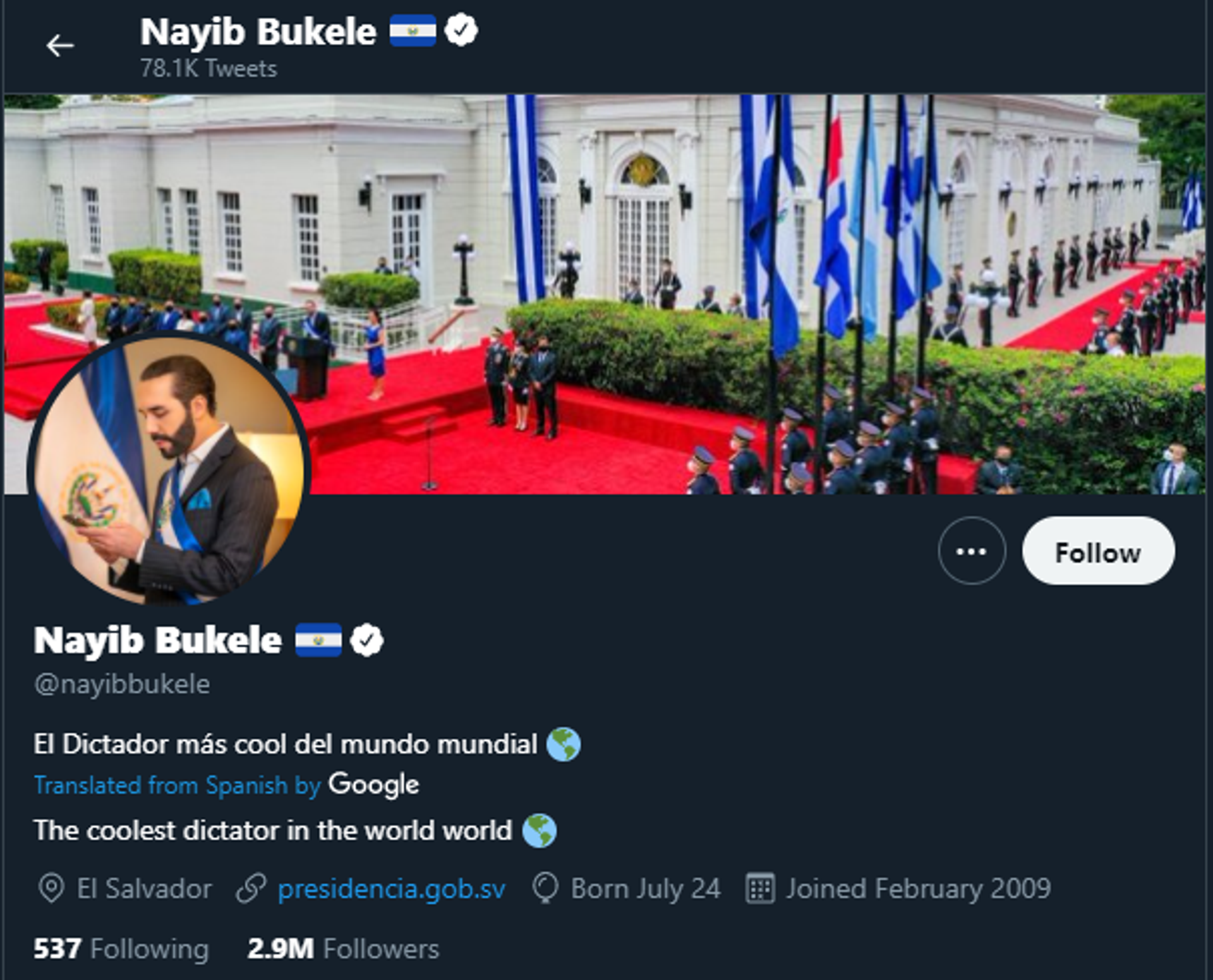 The Twitter account of Salvadoran President Nayib Bukele, which he changed on September 22, 2021, to read the coolest dictator in the world. The Twitter account of Salvadoran President Nayib Bukele, which he changed on September 22, 2021, to read the coolest dictator in the world. - Sputnik International, 1920, 22.09.2021