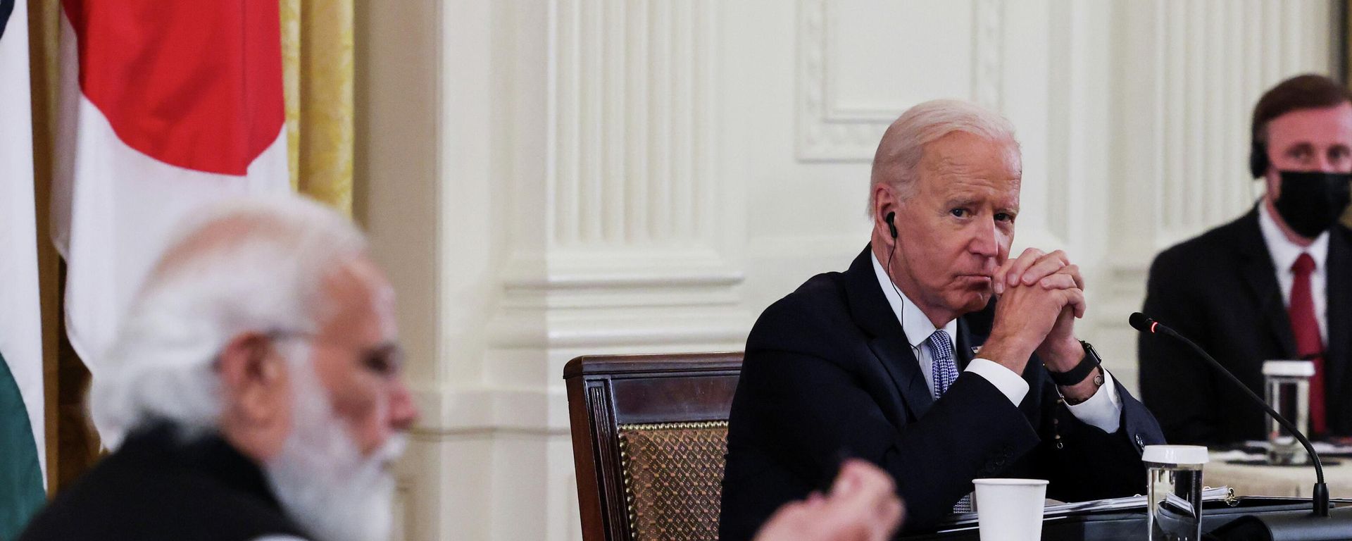 U.S. President Joe Biden listens as India's Prime Minister Narendra Modi speaks during a 'Quad nations' meeting at the Leaders' Summit of the Quadrilateral Framework held in the East Room at the White House in Washington, U.S., September 24, 2021. U.S. President Joe Biden listens as India's Prime Minister Narendra Modi speaks during a 'Quad nations' meeting at the Leaders' Summit of the Quadrilateral Framework held in the East Room at the White House in Washington, U.S., September 24, 2021. - Sputnik International, 1920, 25.09.2021