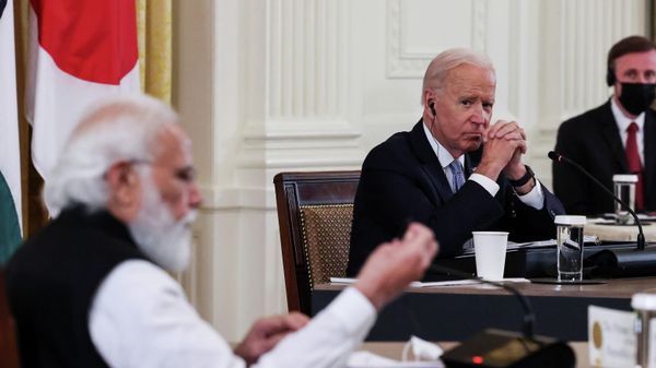 U.S. President Joe Biden listens as India's Prime Minister Narendra Modi speaks during a 'Quad nations' meeting at the Leaders' Summit of the Quadrilateral Framework held in the East Room at the White House in Washington, U.S., September 24, 2021. - Sputnik International
