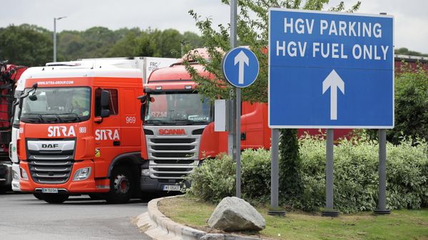 Lorries are seen at an HGV parking, at Cobham services on the M25 motorway, Cobham, Britain, August 31, 2021 - Sputnik International