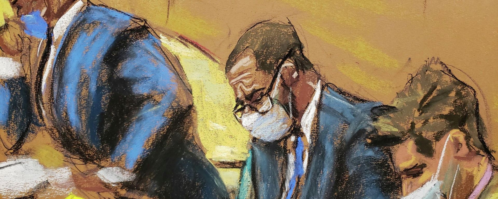 R. Kelly sits with his lawyers Calvin Scholar and Thomas Farinella as the jury deliberate in Kelly's sex abuse trial at Brooklyn's Federal District Court in a courtroom sketch in New York, U.S., September 27, 2021. R. Kelly sits with his lawyers Calvin Scholar and Thomas Farinella as the jury deliberate in Kelly's sex abuse trial at Brooklyn's Federal District Court in a courtroom sketch in New York, U.S., September 27, 2021. - Sputnik International, 1920, 27.09.2021
