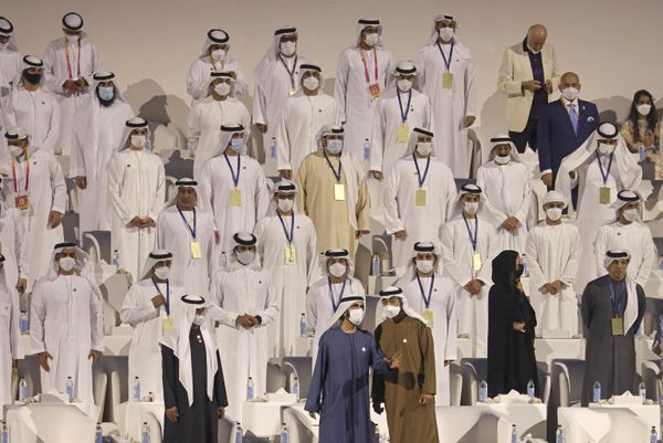 Vice President, Prime Minister of the UAE, Ruler of Dubai, and Minister of Defence Sheikh Mohamed bin Rashid al-Maktoum speaks with Crown Prince of Abu Dhabi and Deputy Supreme Commander of the UAE Armed Forces Sheikh Mohamed bin Zayed al-Nahyan (C-R) during the opening ceremony of the Dubai Expo 2020. - Sputnik International