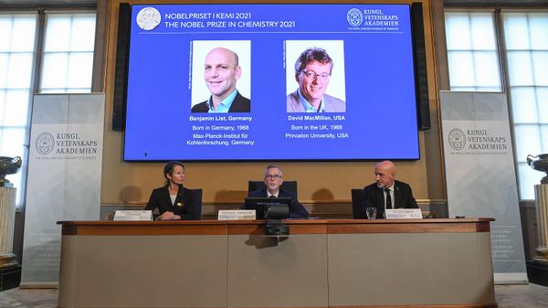 (Bottom L-R) Member of the Nobel Committee for Chemistry Pernilla Wittung Stafshede, Goran K Hansson, Secretary General of the Royal Swedish Academy of Sciences and member of the Nobel Committee for Chemistry Peter Somfai address a press conference to announce the winners of the 2021 Nobel Prize in Chemistry (On display L-R) Germany's Benjamin List and David MacMillan of the United States, at the Royal Swedish Academy of Sciences in Stockholm, Sweden, on October 6, 2021 - Sputnik International