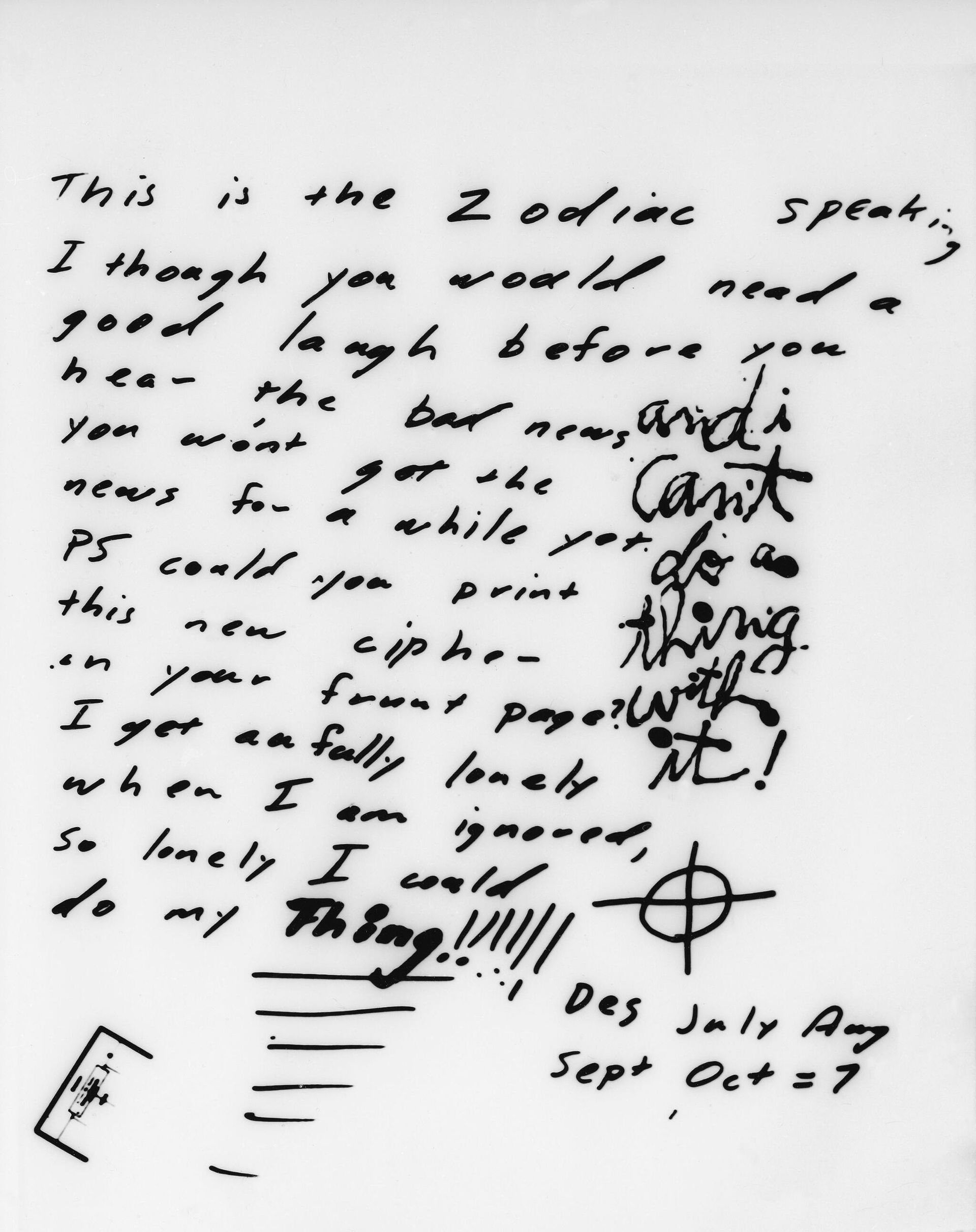 Written on greeting card mailed to a San Francisco newspaper (Chronicle) by a killer who calls himself Zodiac and included a letter and a cryptogram in San Francisco on Nov. 11, 1969. Police say Zodiac has killed five, but in his new communications Zodiac claims seven. The writer lists the months the killings took place at the bottom, with the total ?and I can?t do a thing with it!? refers to a drawing on the card showing a dripping wet pen with the salutation: ?Sorry I haven?t written, but I just washed my pen?? (AP Photo) - Sputnik International, 1920, 06.10.2021