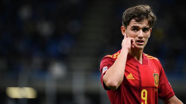 Spain's midfielder Pablo Gavi reacts during the UEFA Nations League semifinal football match between Italy and Spain at the San Siro (Giuseppe-Meazza) stadium in Milan, on October 6, 2021 - Sputnik International