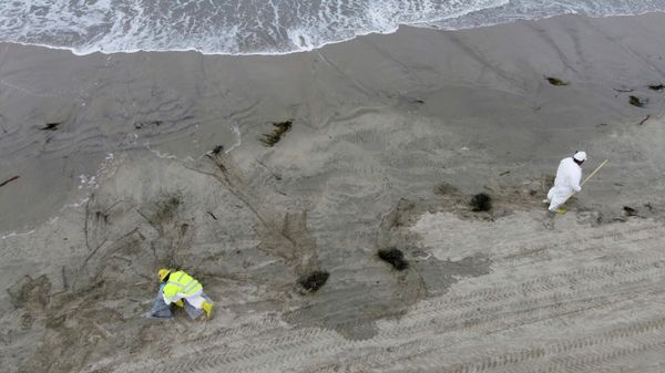 Workers rake up crude oil, after more than 3,000 barrels (126,000 gallons) of crude oil leaked from a ruptured pipeline into the Pacific Ocean in Newport Beach, California, U.S., October 7, 2021. - Sputnik International