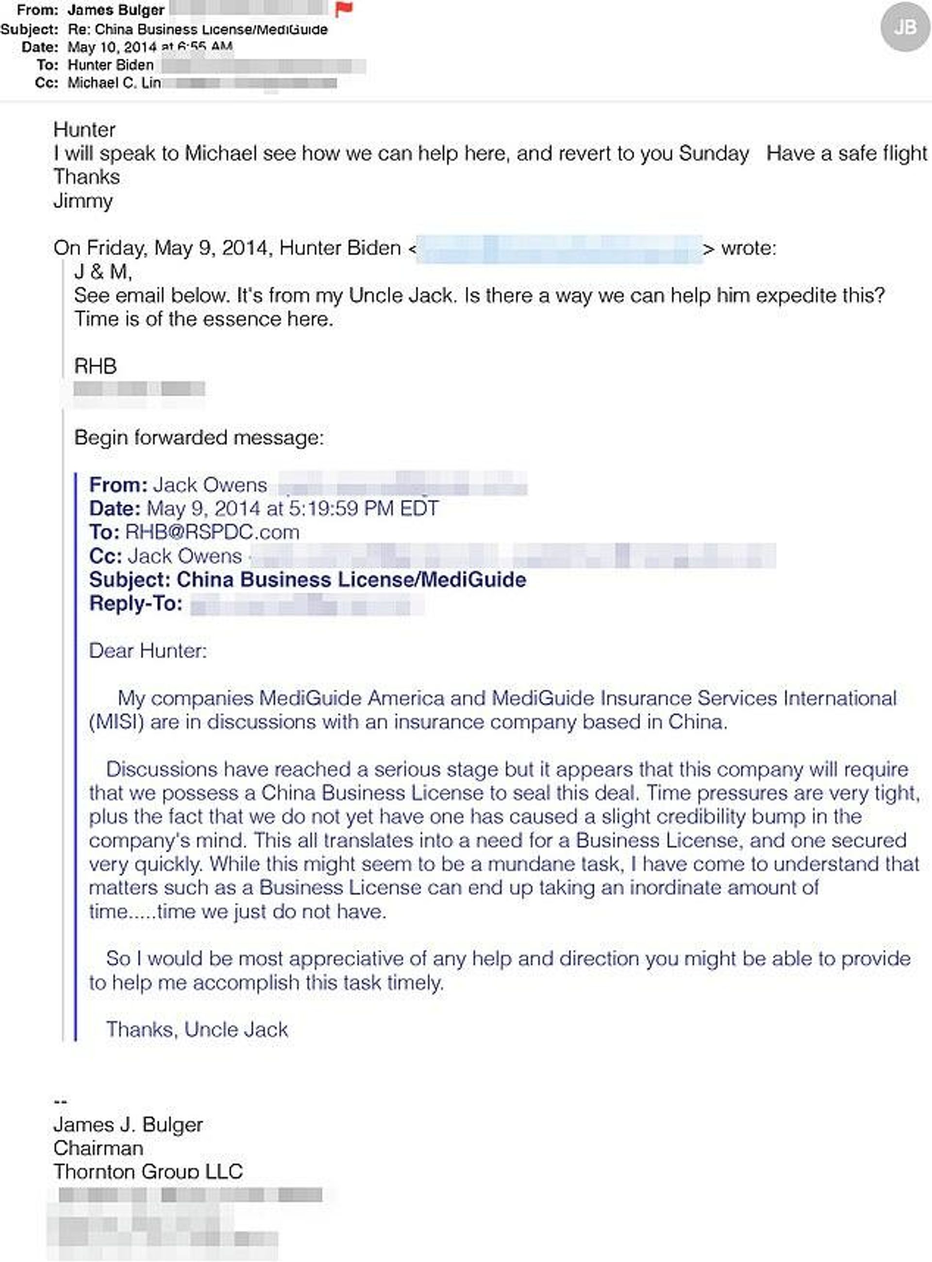 Jack Owens reached out to his nephew Hunter Biden for help with his negotiations with a Chinese company on May 9, 2014, according to the emails Jack Owens reached out to his nephew Hunter Biden for help with his negotiations with a Chinese company on May 9, 2014, according to the emails - Sputnik International, 1920, 08.10.2021