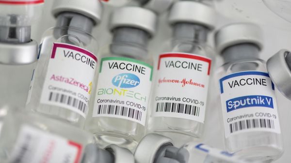 Vials labelled AstraZeneca, Pfizer - Biontech, Johnson&Johnson, Sputnik V coronavirus disease (COVID-19) vaccine are seen in this illustration picture taken May 2, 2021. - Sputnik International
