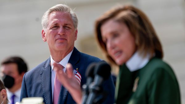 House Speaker Nancy Pelosi of Calif., right, accompanied by House Minority Leader Kevin McCarthy of Calif., left, speaks during a Congressional Remembrance Ceremony marking the 20th anniversary of the Sept. 11, 2001, terrorist attacks, on Capitol Hill in Washington, Monday, Sept. 13, 2021. - Sputnik International