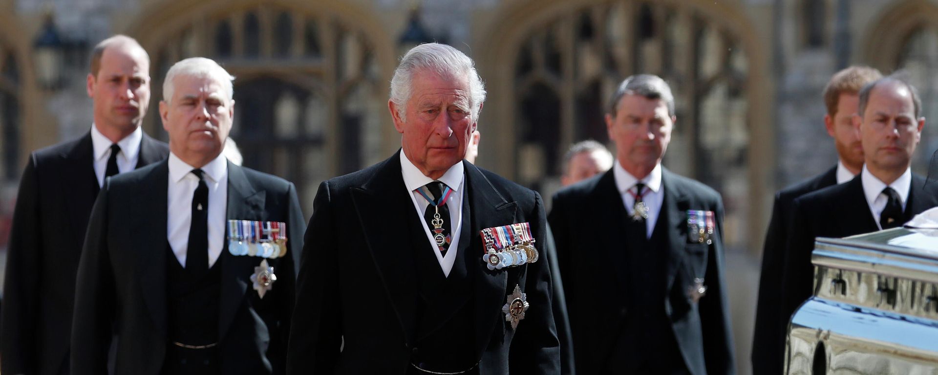 From left, Britain's Prince William, Prince Andrew, Prince Charles, Tim Laurence, Prince Harry and Prince Edward follow the coffin in a ceremonial procession for the funeral of Britain's Prince Philip inside Windsor Castle in Windsor, England Saturday April 17, 2021. From left, Britain's Prince William, Prince Andrew, Prince Charles, Tim Laurence, Prince Harry and Prince Edward follow the coffin in a ceremonial procession for the funeral of Britain's Prince Philip inside Windsor Castle in Windsor, England Saturday April 17, 2021. - Sputnik International, 1920, 11.10.2021