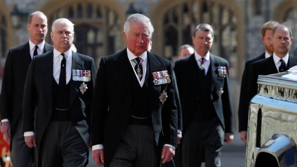 From left, Britain's Prince William, Prince Andrew, Prince Charles, Tim Laurence, Prince Harry and Prince Edward follow the coffin in a ceremonial procession for the funeral of Britain's Prince Philip inside Windsor Castle in Windsor, England Saturday April 17, 2021. - Sputnik International