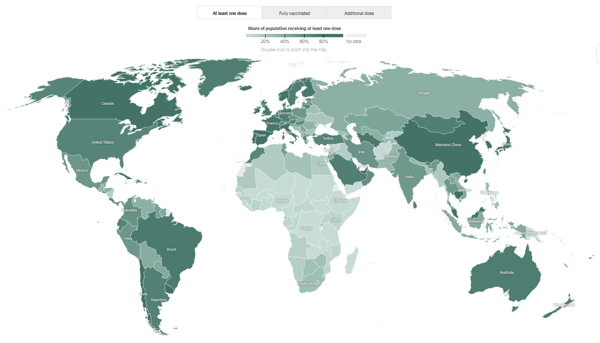 A world map showing the COVID-19 vaccination status of each nation on October 15, 2021. The darker a nation is shaded, the larger the percentage of its population has gotten at least one vaccine shot. Image taken from NY Times Coronavirus Tracker. A world map showing the COVID-19 vaccination status of each nation on October 15, 2021. The darker a nation is shaded, the larger the percentage of its population has gotten at least one vaccine shot. Image taken from NY Times Coronavirus Tracker. - Sputnik International, 1920, 15.10.2021