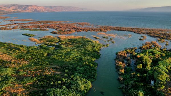 An aerial picture taken on July 11, 2021, shows the Jordan river flowing through the Beteha (Bethsaida Valley) into the northern part of the Sea of Galilee, or Lake Tiberias, one of the main water sources in Israel. - Sputnik International