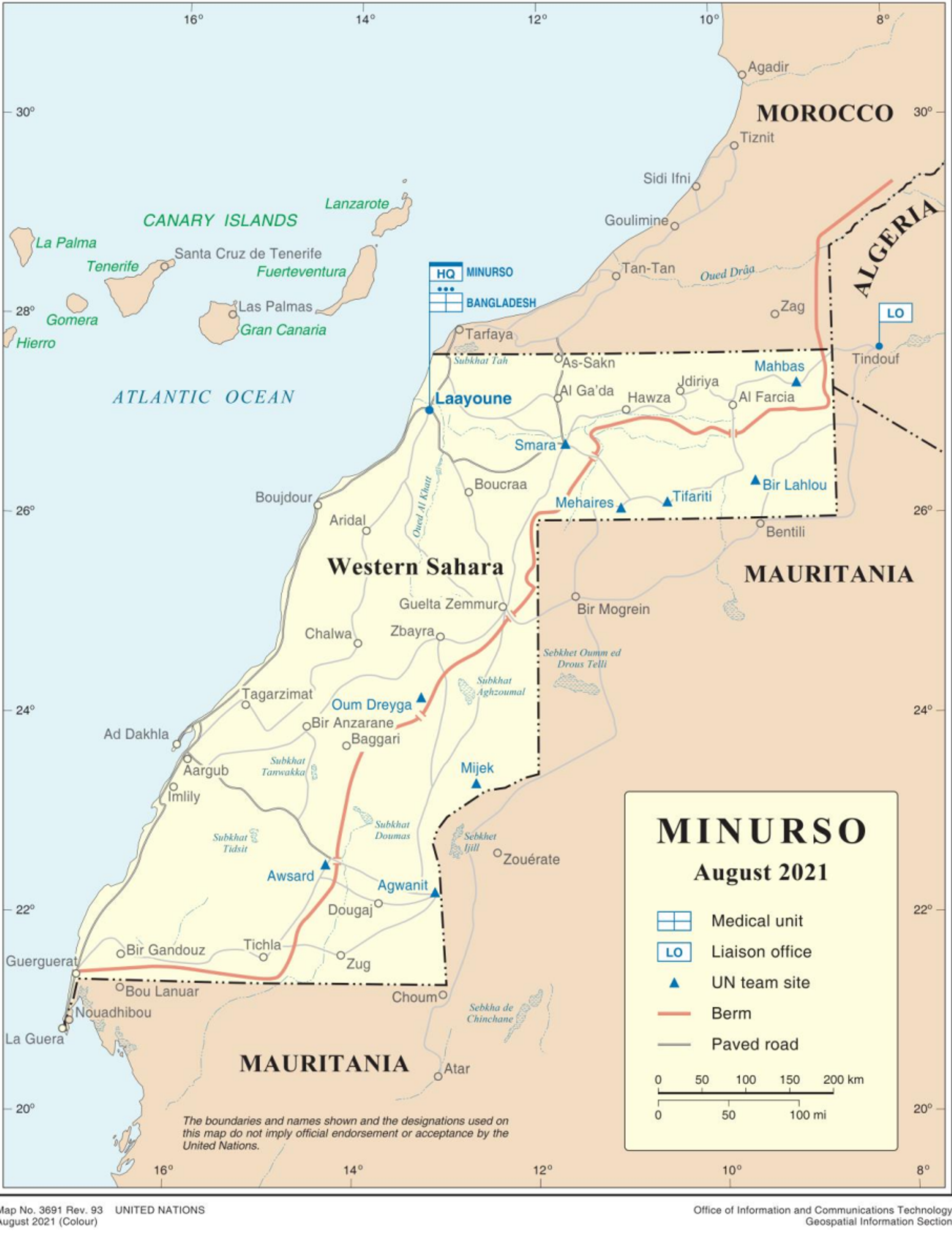 A map of Western Sahara from August 2021, showing the sand berm built by Morocco and sites used by the UN Mission for the Referendum in Western Sahara (MINURSO) A map of Western Sahara from August 2021, showing the sand berm built by Morocco and sites used by the UN Mission for the Referendum in Western Sahara (MINURSO) - Sputnik International, 1920, 25.10.2021