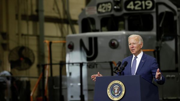 U.S. President Joe Biden delivers remarks on his Build Back Better infrastructure agenda at the NJ TRANSIT Meadowlands Maintenance Complex in Kearny, New Jersey, U.S., October 25, 2021 - Sputnik International