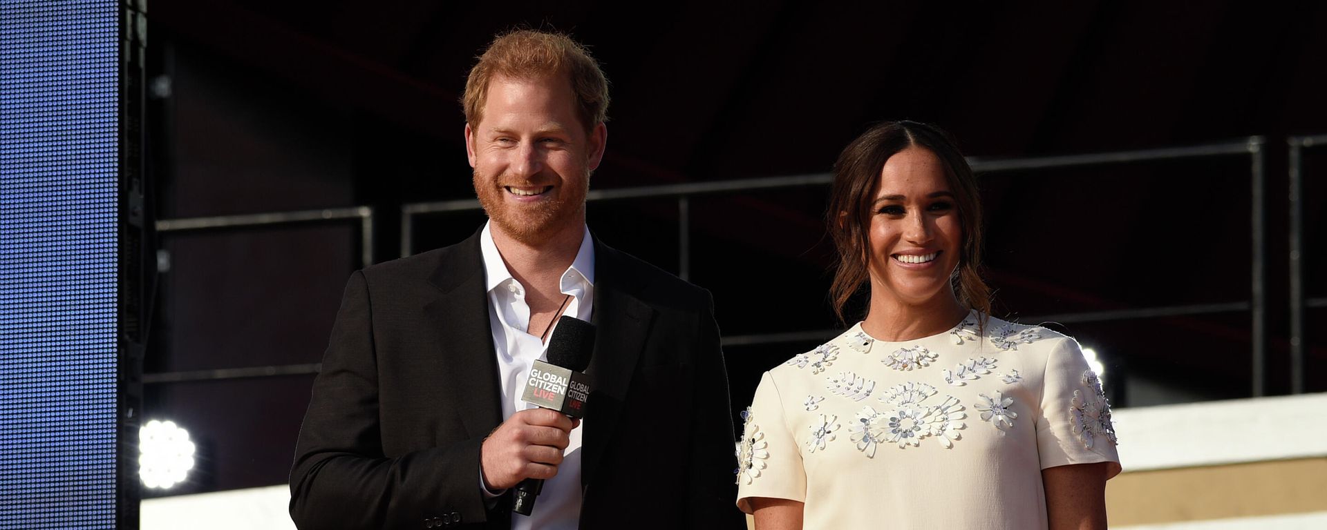 Prince Harry, the Duke of Sussex, left, and Meghan, the Duchess of Sussex speak at Global Citizen Live in Central Park on Saturday, Sept. 25, 2021, in New York. - Sputnik International, 1920, 15.04.2022