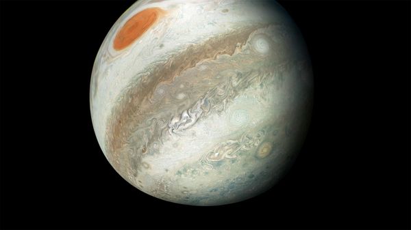 The view shows Jupiter including its Great red Spot captured by NASA's Juno spacecraft on the outbound leg of its 12th close flyby of the gas giant planet, April 1, 2018. - Sputnik International