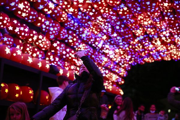An attendee takes a picture under a canopy made of illuminated carved pumpkins during "The Great Jack O’Lantern Blaze" at Van Cortlandt Manor on 27 October 2021 in Croton-on-Hudson, New York, ahead of Halloween. - Sputnik International
