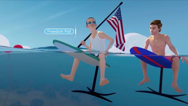 An avatar of Facebook chief executive Mark Zuckerberg is seen carrying a US flag while riding a hydrofoil in the "Metaverse" during a live-streamed virtual and augmented reality conference to announce that Facebook was being rebranded to Meta, in this screengrab taken from a video released on 28 October 2021. - Sputnik International