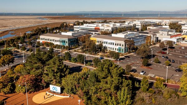 An aerial view shows a newly unveiled logo for "Meta", the new name for Facebook's parent company, in front of Facebook headquarters in Menlo Park, in San Mateo county, California on 28 October 2021. - Sputnik International