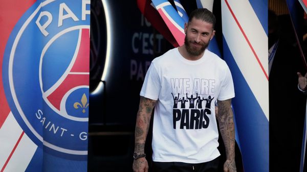 PSG's Sergio Ramos smiles during players presentation before the French League One soccer match between Paris Saint Germain and Strasbourg, at the Parc des Princes stadium in Paris, Saturday, Aug. 14, 2021. PSG's Sergio Ramos smiles during players presentation before the French League One soccer match between Paris Saint Germain and Strasbourg, at the Parc des Princes stadium in Paris, Saturday, Aug. 14, 2021. - Sputnik International