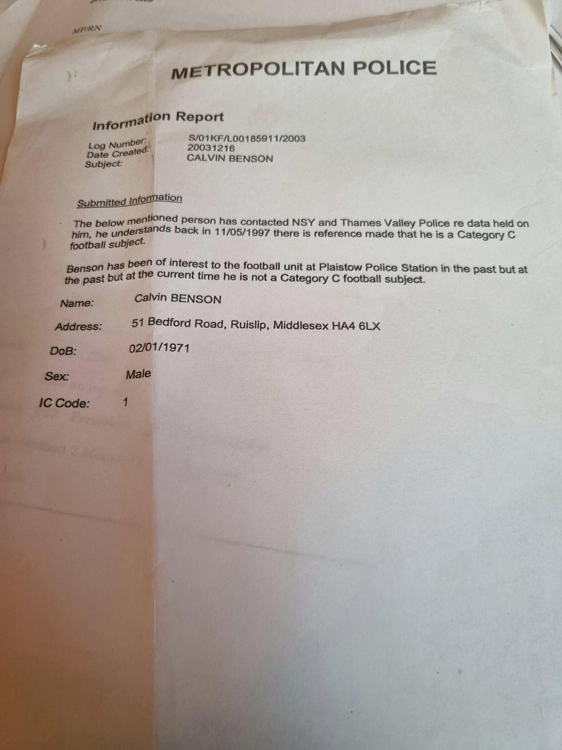 Letter from the police claiming Calvin Benson was considered a Category C football hooligan in 1997 - Sputnik International, 1920, 03.11.2021