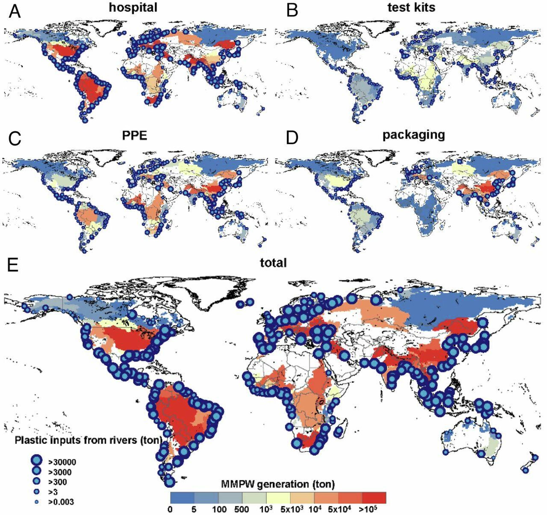 Accumulated riverine discharge of pandemic-associated mismanaged plastics to the global ocean. Panels are for the discharges caused by (A) hospital medical waste, (B) COVID-19 virus test kits, (C) PPE, (D) online-shopping packaging material, and (E) the total of them. The background color represents the generated MMPW in each watershed, while the sizes of the blue circles are for the discharges at river mouths. - Sputnik International, 1920, 09.11.2021