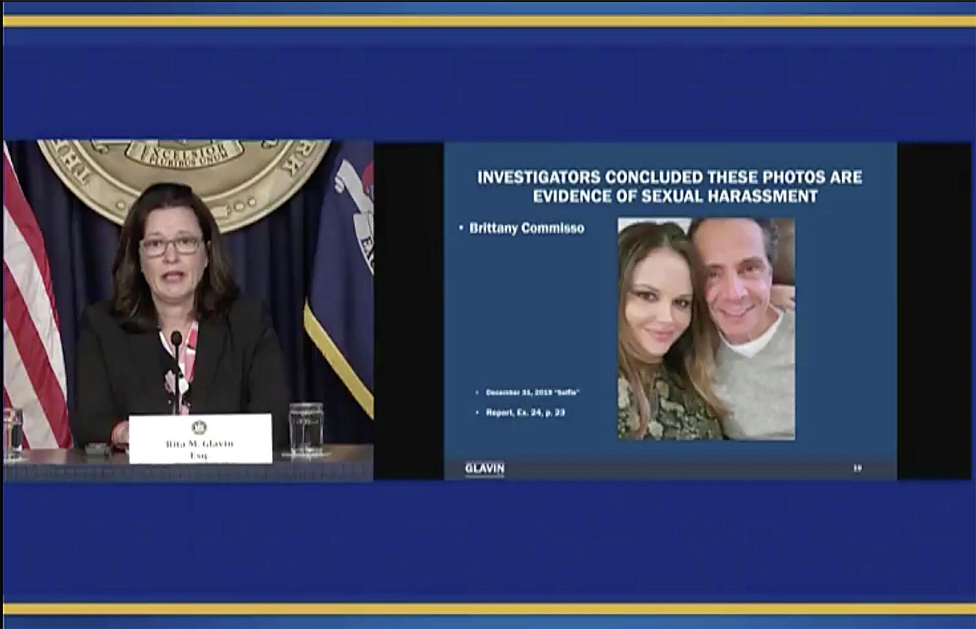 In this image from video made available by the Office of the Governor of New York, Rita Glavin, attorney for Gov. Andrew Cuomo, speaks in Albany, N.Y., on Tuesday, Aug. 10, 2021, with a photo of Brittany Commisso, an executive assistant on Cuomo's staff. In this image from video made available by the Office of the Governor of New York, Rita Glavin, attorney for Gov. Andrew Cuomo, speaks in Albany, N.Y., on Tuesday, Aug. 10, 2021, with a photo of Brittany Commisso, an executive assistant on Cuomo's staff. - Sputnik International, 1920, 11.11.2021