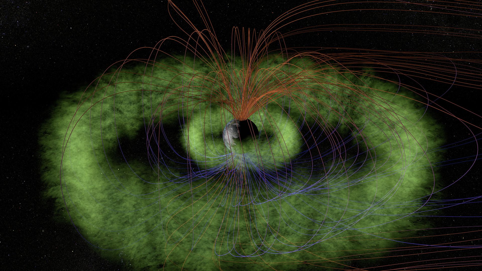 This NASA  artist's conception released on August 31, 2012 shows the radiation belts (green), which are two doughnut-shaped (torus) regions full of high-energy particles that fill the near-space around Earth - Sputnik International, 1920, 11.11.2021