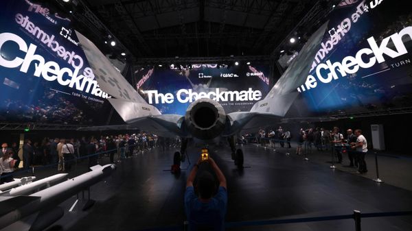 A prototype of Russia's new Sukhoi Checkmate Fighter is on display during the presentation at the MAKS 2021 International Aviation and Space Salon, in Zhukovsky, outside Moscow, on July 20, 2021 - Sputnik International