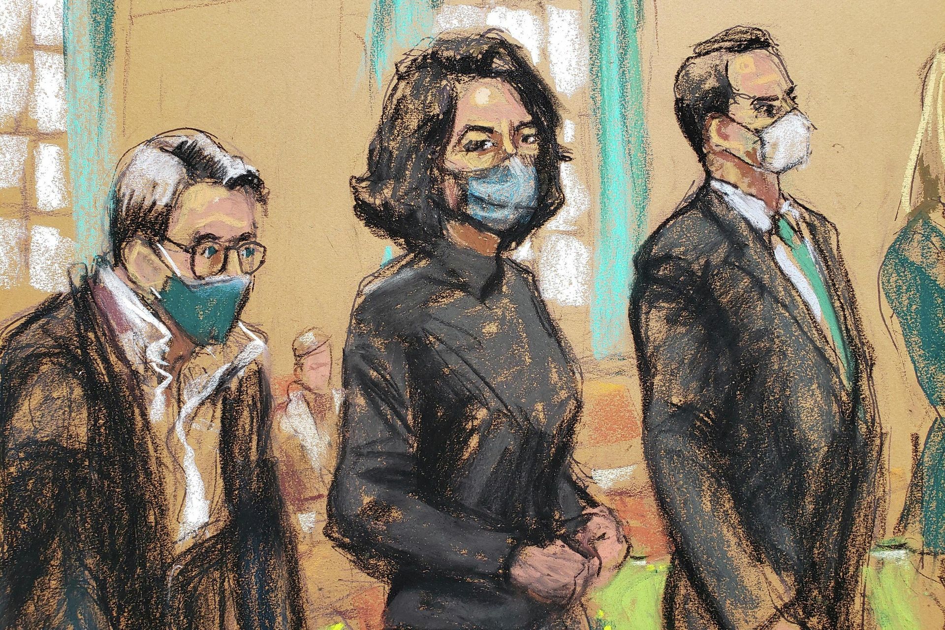Ghislaine Maxwell, the Jeffrey Epstein associate accused of sex trafficking, stands before U.S. District Judge Alison J. Nathan with her defense team of Bobbi Sternheim and Christian Everdell during a pre-trial hearing ahead of jury selection, in a courtroom sketch in New York City, U.S., November 15, 2021 - Sputnik International, 1920, 02.12.2021