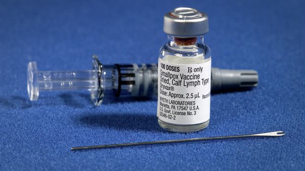 Components of a smallpox vaccination kit including the diluent, a vial of Dryvax smallpox vaccine, and a bifurcated needle Components of a smallpox vaccination kit including the diluent, a vial of Dryvax smallpox vaccine, and a bifurcated needle - Sputnik International