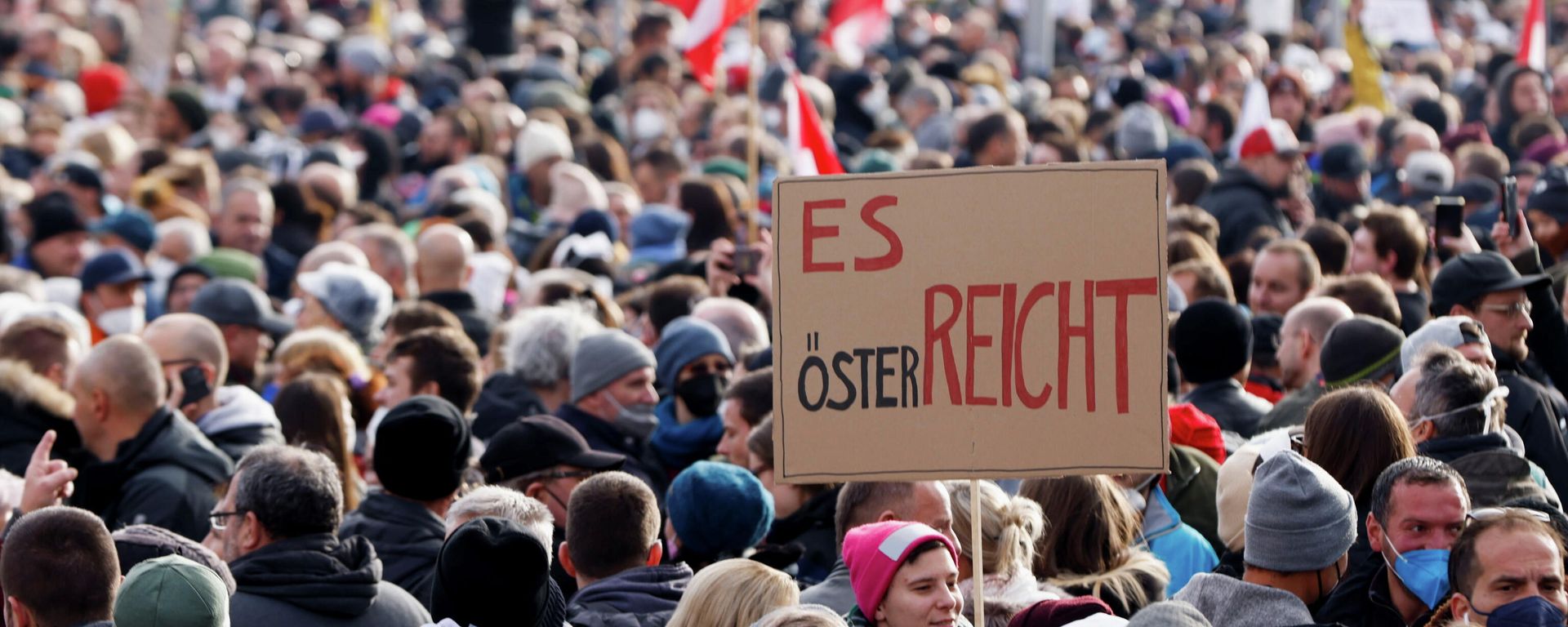 Demonstrators hold flags and placards as they gather to protest against the coronavirus disease (COVID-19) measures in Vienna, Austria, November 20, 2021. The placard reads: It is enough in Austria. REUTERS/Leonhard Foeger Demonstrators hold flags and placards as they gather to protest against the coronavirus disease (COVID-19) measures in Vienna, Austria, November 20, 2021. The placard reads: It is enough in Austria. REUTERS/Leonhard Foeger - Sputnik International, 1920, 20.11.2021